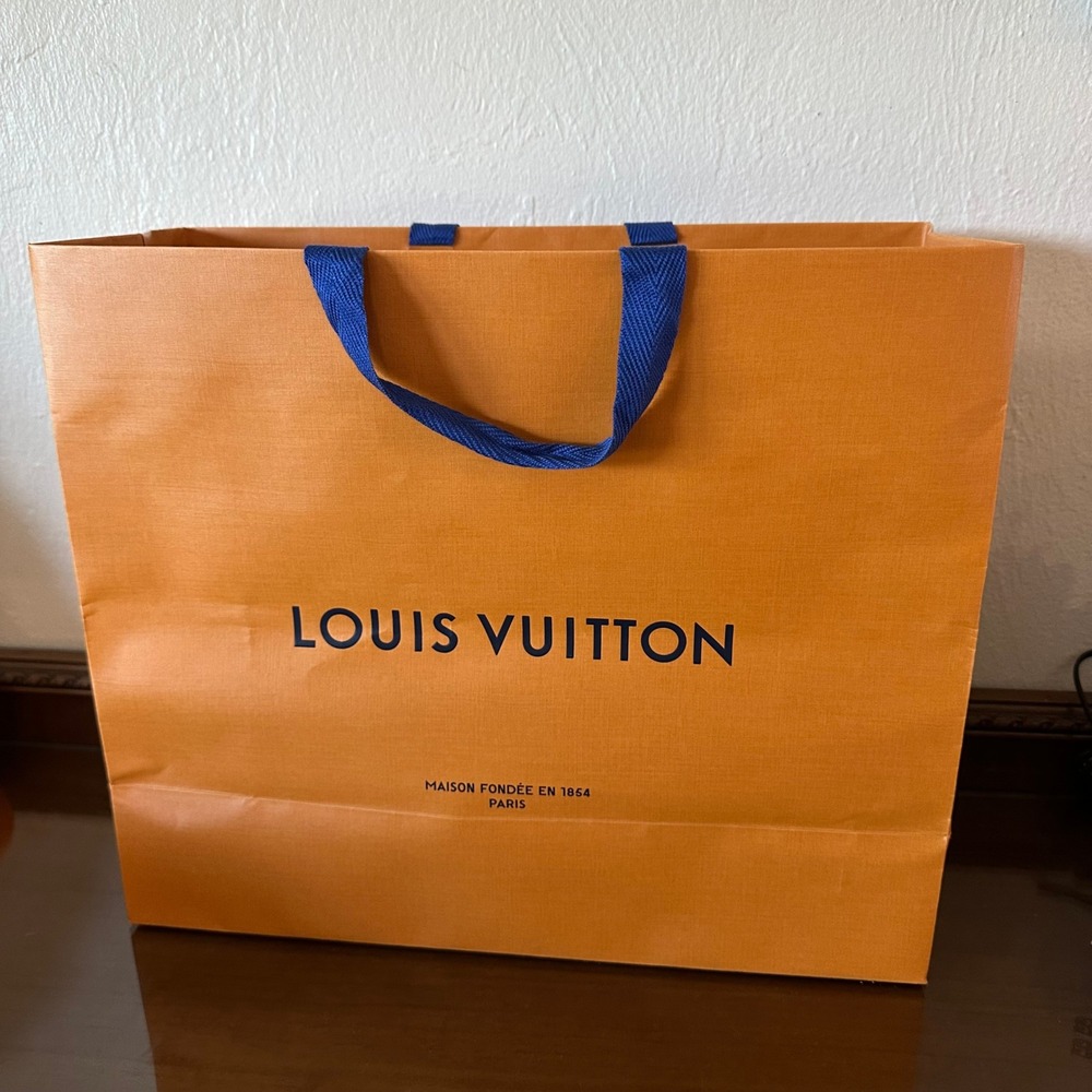 Louis Vuitton Large Orange Paper Shopping Bag Blue Handles 16x13x6 Authentic